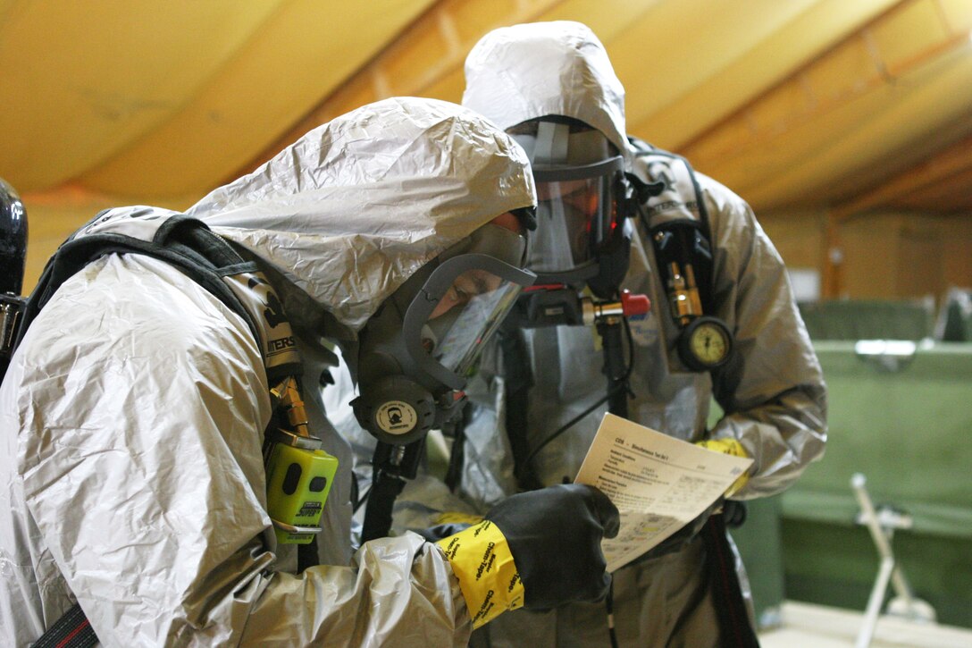Cpl. Michael S. Perry, 20, left, who works in the Tango Battery's Fire Direction Center, and a native of Ishpeming, Mich., and Lance Cpl. Wayne E. Barba, 34, a Nuclear Biological and Chemical Defense specialist with Marine Medium Helicopter Squadron 165 (REIN), and a native of Quincy, Mass., read a Drager chemical evaluation chart during an Enhanced Nuclear Biological and Chemical Defense exercise here. The Drager chemical evaluation chart is used to help identify the type of chemical present. The 15th Marine Expeditionary Unit (Special Operations Capable) is training in Kuwait to sharpen their skills as a Marine Air Ground Task Force.