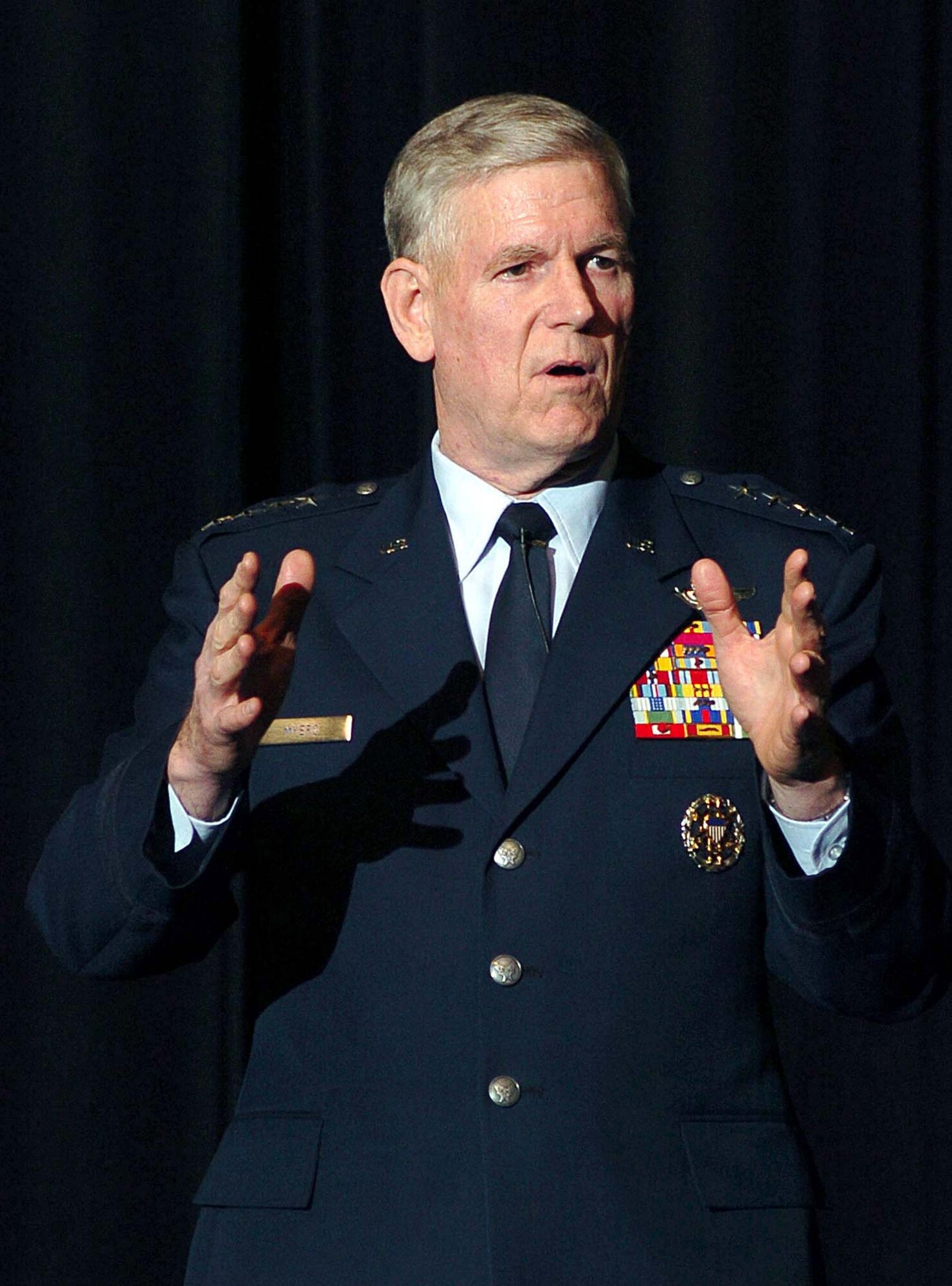 U.S. AIR FORCE ACADEMY, Colo. -- Gen. Richard B. Myers, chairman of the Joint Chiefs of Staff, addresses the U.S. Air Force Academy's 12th Annual National Character and Leadership Symposium here Feb. 24.  (U.S. Air Force photo by Danny Meyers)