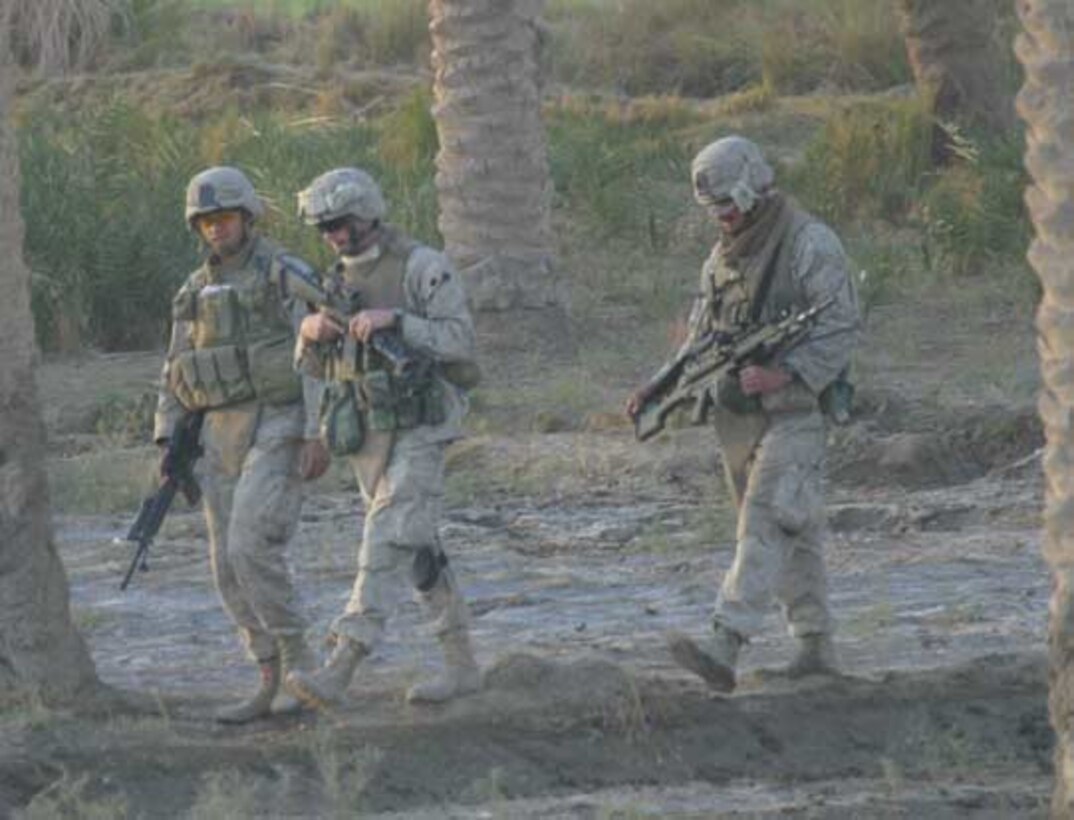 Marines from 2nd Platoon, Company G, 2nd Battalion, 6th Marines move across a field while on patrol in the countryside surrounding the town of Saqlawiyah. The Marines were part of Operation Rebel Yell, which was conducted from Nov. 25 to Dec. 1.