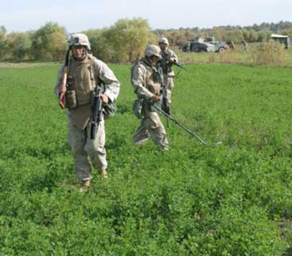 Combat engineers from 2nd Battalion, 6th Marines move across a field while on patrol in the countryside surrounding the town of Saqlawiyah. The Marines were part of Operation Rebel Yell, which was conducted from Nov. 25 to Dec. 1.