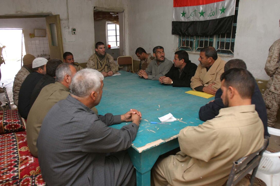 HAQLANIYAH, Iraq (Dec. 2, 2005)  - Marine and Iraqi military leaders met with nine Haqlaniyah city council members here Dec. 2 to talk about issues concerning the people of the U.S. military occupied city. Attending was Capt. James S. Kimber, commanding officer for India Company, 3rd Battalion, 1st Marine Regiment, Iraqi Army officers, the mayor and assistant mayor of the city. (Official Marine Corps photo by Cpl. Adam C. Schnell)