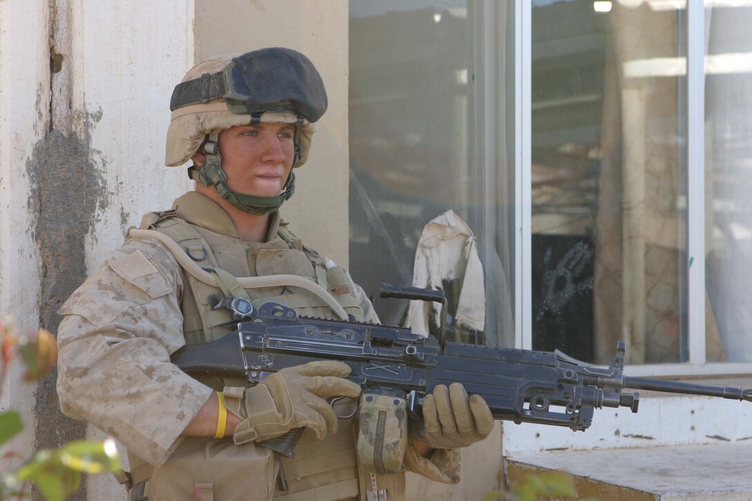 Pfc. Taylor J. Shiner, formerly an automatic rifleman with 1st Platoon, Company C, 2nd Light Armored Reconnaissance Battalion, Regimental Combat Team 2, became acting team leader after the original team leader was injured when their vehicle was involved in an accident during operations near Ar Rutbah, Iraq in April..   (Photo by LCpl Zachary W. Lester)