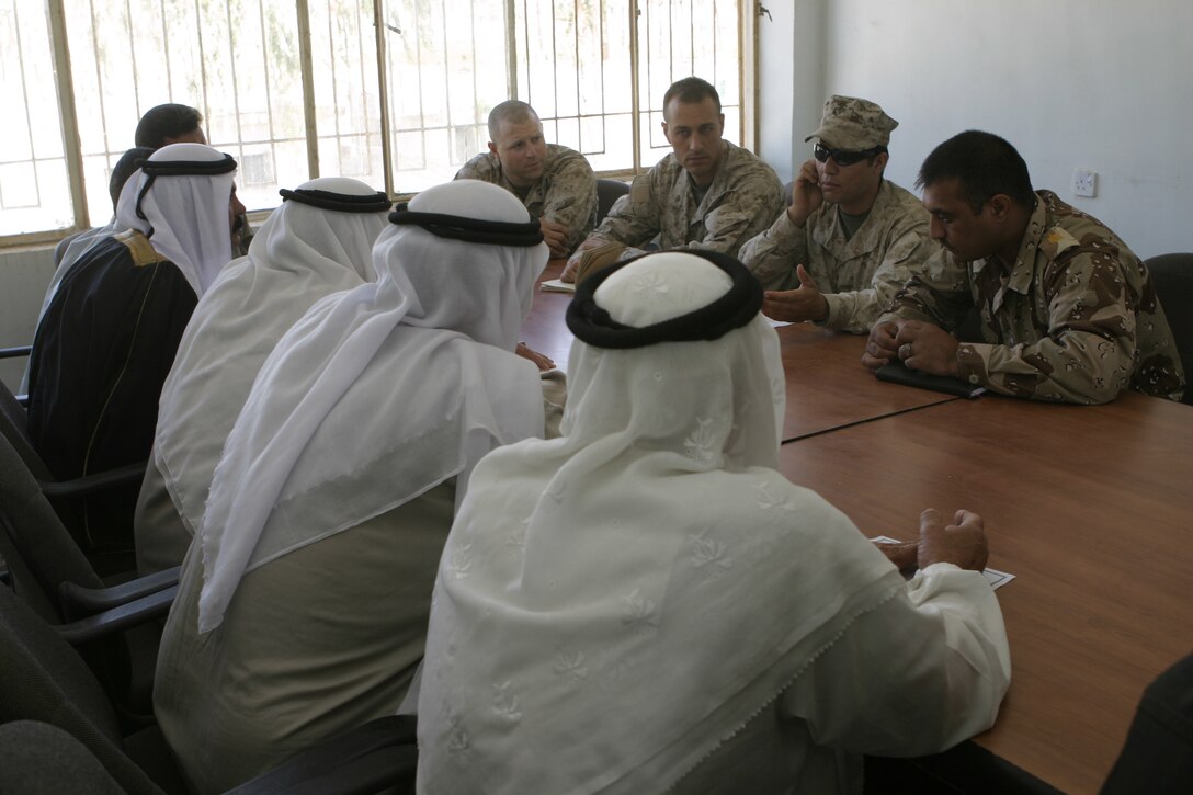 SAQLAWIYAH, Iraq - From left to right, back: Capt. Daniel Zappa, Company A, 1st Battalion, 6th Marine Regiment commander, Maj. Chris E. Phelps, 1st Battalion, 6th Marine Regiment civil affairs team leader, Remy, an interpreter, and Iraqi Maj. Alaa Al Deen, the commander of the Iraqi troops here, meet with the city council here April 27.  City leaders such as Saqlawiyah's mayor, chief of police, and numerous tribal sheiks met with Marines and Iraqi forces here to discuss security and civil-military concerns.