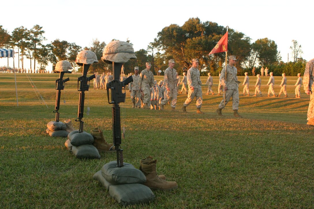 MARINE CORPS BASE CAMP LEJEUNE, N.C. (Nov. 3, 2005)-Marines with 3rd Battalion, 2nd Marine Regiment, 2nd Marine Division honored their fallen brothers killed in action during combat operations while the battalion was deployed in the Al Anbar Province of Iraq supporting Operation Iraqi Freedom. (Official U.S. Marine Corps photo by Lance Cpl. Lucian Friel (RELEASED)