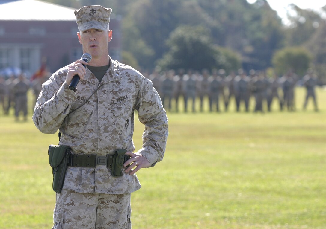 MARINE CORPS BASE CAMP LEJEUNE, N.C. - Lieutenant Colonel Kenneth M. DeTreux, 2nd Battalion, 8th Marine Regiment's commander, addresses friends, family and fellow Marines during a change of command ceremony here Nov. 4.  DeTreux, a native of Philadelphia, assumed command of "America's Battalion" to prepare his Marines for a deployment to Iraq in 2006.