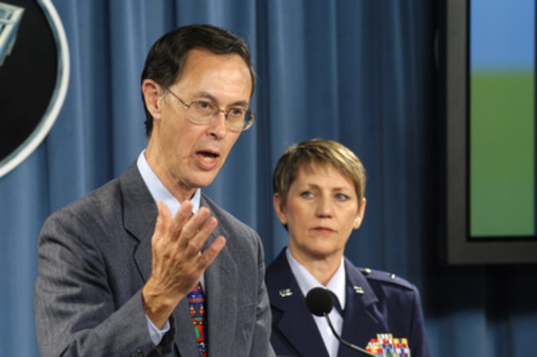 Under Secretary of Defense for Personnel and Readiness David Chu responds to a reporter's question in the Pentagon on Jan. 4, 2005. Chu and the Commander of the Joint Services Task Force Brig. Gen. K. C. McClain, U.S. Air Force, briefed on the new policies regarding sexual assault prevention and response in the military. 