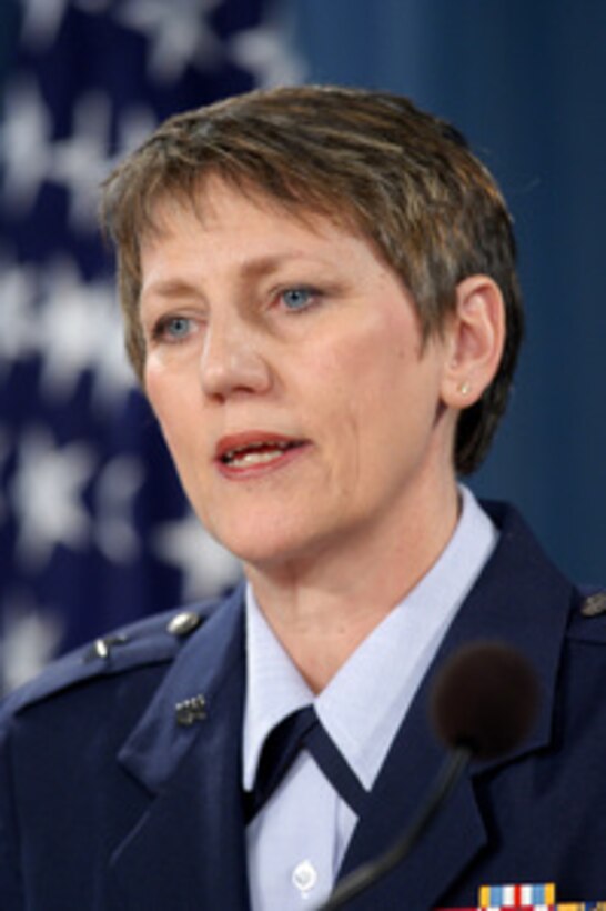 Brig. Gen. K. C. McClain, U.S. Air Force, outlines details of the Department's new policy regarding the problem of sexual assault on Jan. 4, 2005. McClain and Under Secretary of Defense for Personnel and Readiness David Chu briefed reporters on the new directives that are designed to prevent sexual assaults through education of service personnel and to significantly enhance support to victims of the crime. McClain in the Commander of the Joint Task Force on Sexual Assault Prevention and Response. 
