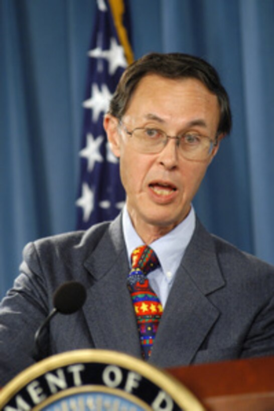 Under Secretary of Defense for Personnel and Readiness David Chu briefs reporters in the Pentagon on Jan. 4, 2005, regarding new DoD policies designed to more effectively deal with the crime of sexual assault. Chu and the Commander of the Joint Task Force on Sexual Assault Prevention and Response Brig. Gen. K. C. McClain briefed on the new directives that are designed to prevent sexual assaults through education of service personnel and to significantly enhance support to victims of the crime. 