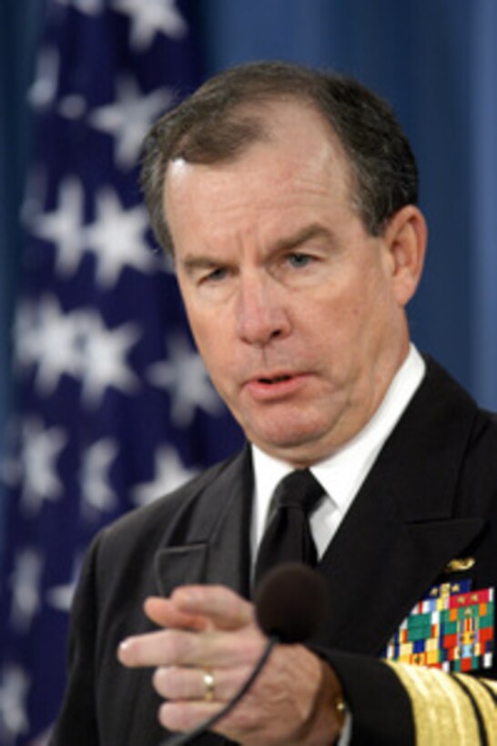 Commander of U.S. Pacific Command Adm. Thomas B. Fargo, U.S. Navy, calls on a reporter during a briefing in the Pentagon on Jan. 4, 2005. Fargo briefed reporters on the increasing levels of support being allocated to help the citizens of nations affected by the recent tsunamis. 