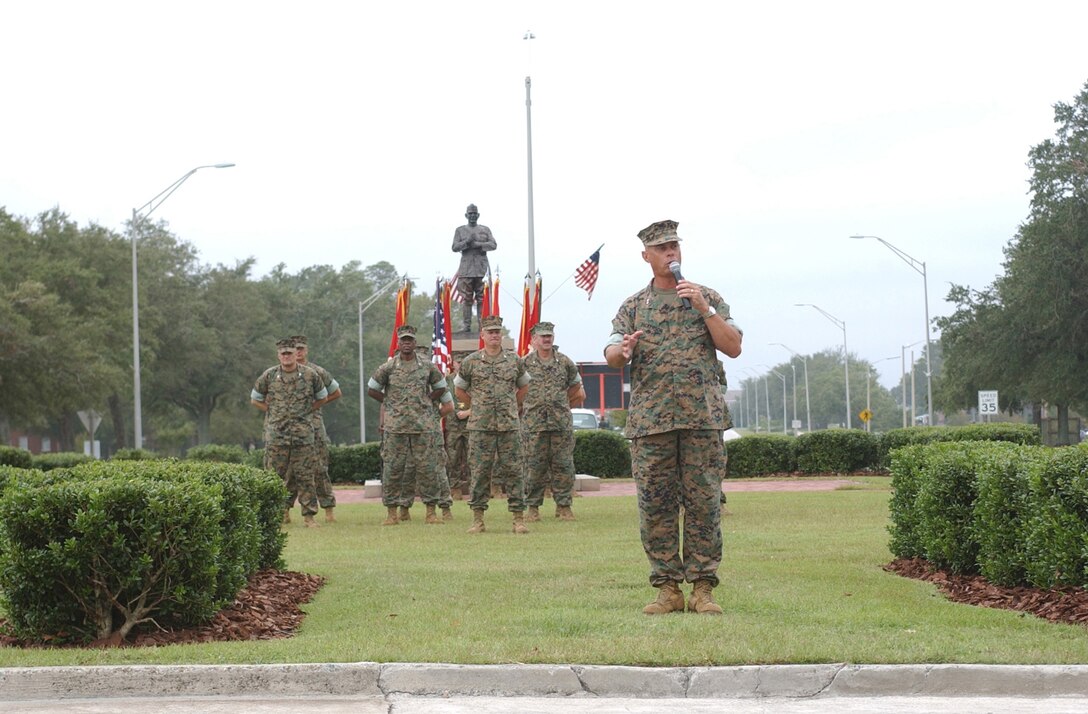 MARINE CORPS BASE CAMP LEJEUNE, N.C. (Oct. 4, 2005) - Major Gen. Robert C. Dickerson, newly appointed commander of Marine Corps Installations East, addresses those in attendance of the official activation ceremony of Marine Corps Installations East here today.