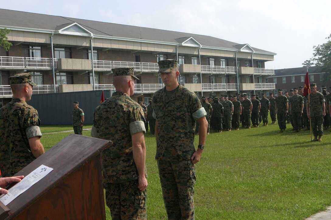 MARINE CORPS BASE CAMP LEJEUNE, N.C. (Aug. 5, 2005)-Gunnery Sgt. Gordon R. Hill Jr. of Los Fresnos, Texas was awarded the Bronze Star medal with combat distinguishing device for Valor here, Aug. 5, for his actions taken while deployed in support of Operation Iraqi Freedom with 1st Battalion, 8th Marine Regiment.