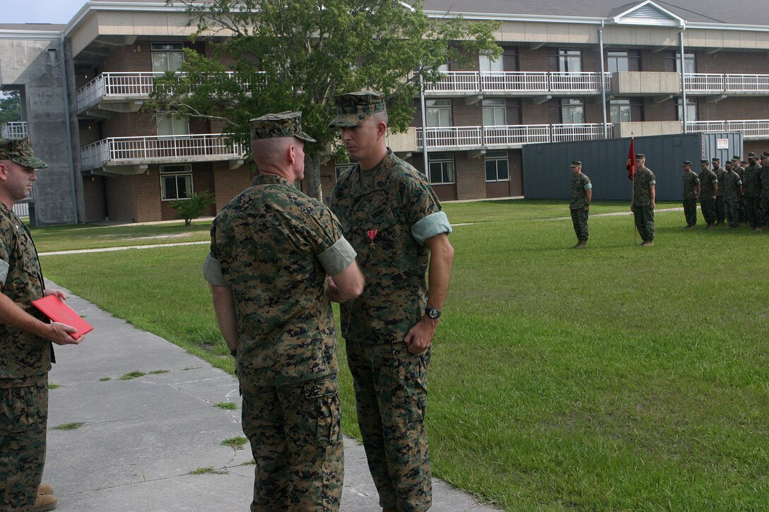 MARINE CORPS BASE CAMP LEJEUNE, N.C. (Aug. 5, 2005)-Gunnery Sgt. Gordon R. Hill Jr. of Los Fresnos, Texas was awarded the Bronze Star medal with combat distinguishing device for Valor here, Aug. 5, for his actions taken while deployed in support of Operation Iraqi Freedom with 1st Battalion, 8th Marine Regiment.