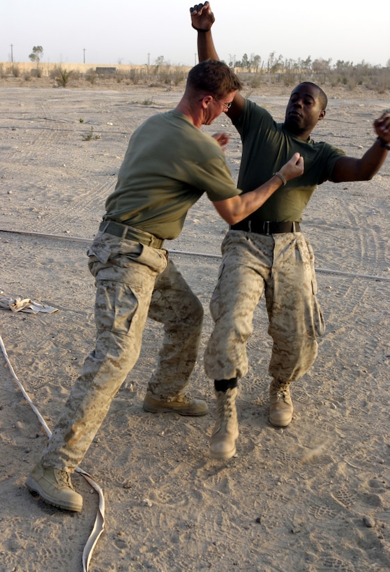 CAMP BAHARIA, Iraq - First Lieutenant Dana Sanford, 1st Battalion, 6th Marine Regiment's motor transport section assistant officer-in-charge, knocks down Petty Officer 3rd Class Iridious Ruise, the battalion's preventive medicine technician, while demonstrating a technique during a martial arts training session here July 29.  The 24-year-old Sterling, Mass. native is a green belt instructor in the Marine Corps Martial Arts Program, and is currently teaching several Marines and sailors in his unit self-defense.