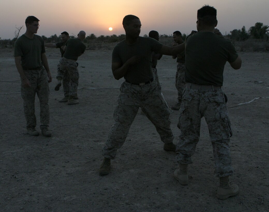 CAMP BAHARIA, Iraq - Naval personnel with 1st Battalion, 6th Marine Regiment practice martial arts moves during an early-morning training session here July 29.  The battalion's corpsmen and chaplain received instruction on how to perform self-defense maneuvers such as countering choke holds and various types of strikes.