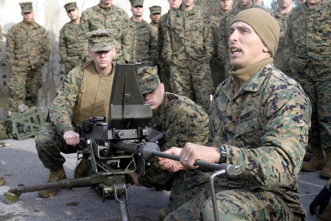 MARINE CORPS BASE CAMP LEJEUNE, N.C. -- Sergeant John Paterson, a Marine with 3rd Battalion, 8th Marine Regiment, shows his students how to properly remove jammed ammunition from a MK-19 automatic grenade launcher during a security and stability operations training exercise here Dec. 7.  Third Battalion, Eighth Marine Regiment is currently preparing for its second tour of duty in Iraq after having returned from Fallujah nearly four months ago.