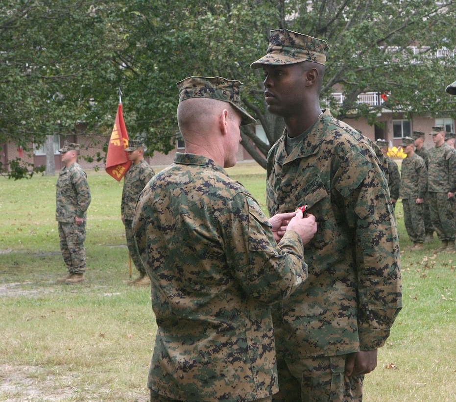 MARINE CORPS BASE CAMP LEJEUNE, N.C. (Nov. 4, 2005) - Sergeant Anthony J. Gantt is a prime example of an effectively trained Marine and he was awarded the Bronze Star medal with a combat distinguishing device Oct. 31, for actions performed during Operation Iraqi Freedom.  He served as a tank commander with 2nd Platoon, Company A, 2nd Tank Battalion.