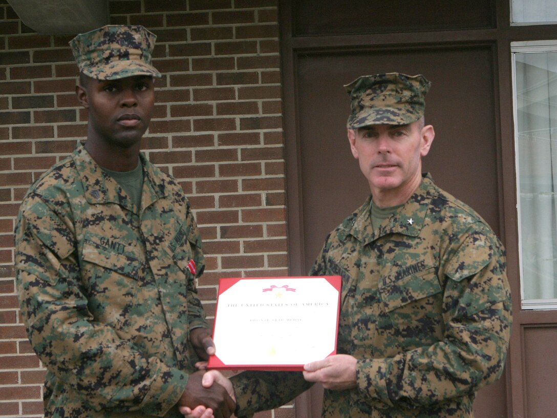 MARINE CORPS BASE CAMP LEJEUNE, N.C. (Nov. 4, 2005) - Sergeant Anthony J. Gantt is a prime example of an effectively trained Marine and he was awarded the Bronze Star medal with a combat distinguishing device Oct. 31, for actions performed during Operation Iraqi Freedom.  He served as a tank commander with 2nd Platoon, Company A, 2nd Tank Battalion.