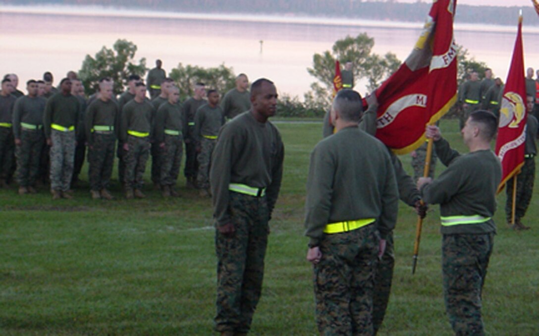 MARINE CORPS BASE CAMP LEJEUNE, N.C. (Nov. 3, 2005) - The whole regiment was assembled as South Bend, Ind., native, Lt. Col. Christopher Mayette relinquished command of 10th Marine Regiment, 2nd Marine Division, to Col. Glenn T. Starnes of Dallas during a change of command ceremony here, Oct. 31.