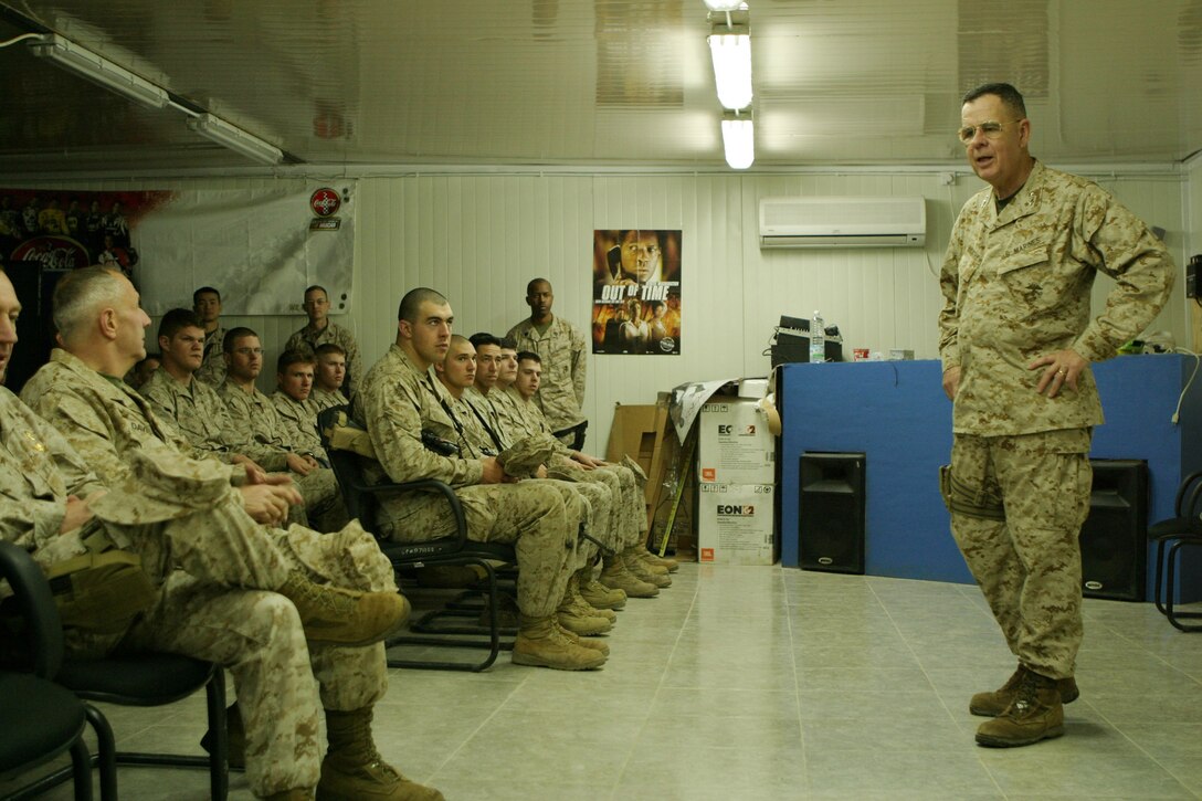 Lieutenant Gen. Dennis M. McCarthy, commander Marine Forces Reserve, meets with leaders from the combined 1st and 2d Marine Division's staffs, here. The purpose of his visit was to discuss Marine Reserve integration with the active component for Operation Iraqi Freedom 04-06.  McCarthy also took time discuss issues with both officer and enlisted reservists currently serving here in the Al Anbar Province or Iraq. U.S. Marine Corps photo by Sgt. Stephen D'Alessio (RELEASED)