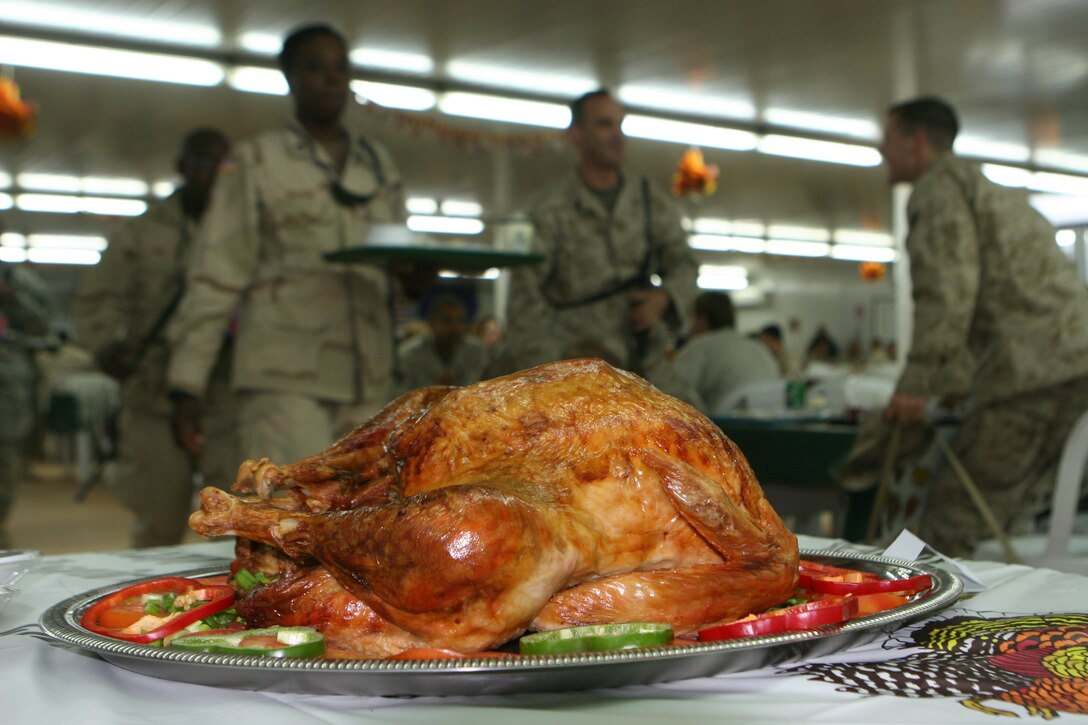 CAMP RIPPER, Iraq ? Marines and soldiers walk by a turkey on display at a chow hall here Nov. 24.  Marines assigned to Regimental Combat Team 2, 2nd Marine Division, reflected today on their teammates, their fallen comrades and gave thanks for the closer bonds forged amongst themselves during recent combat operations here.