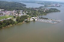 As seen from the air -- the Town of Quantico (top left); the marina (right), Marine Corps Systems Command and the power plant (top right)