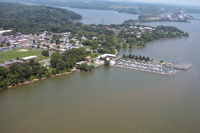 As seen from the air -- the Town of Quantico (top left); the marina (right), Marine Corps Systems Command and the power plant (top right)