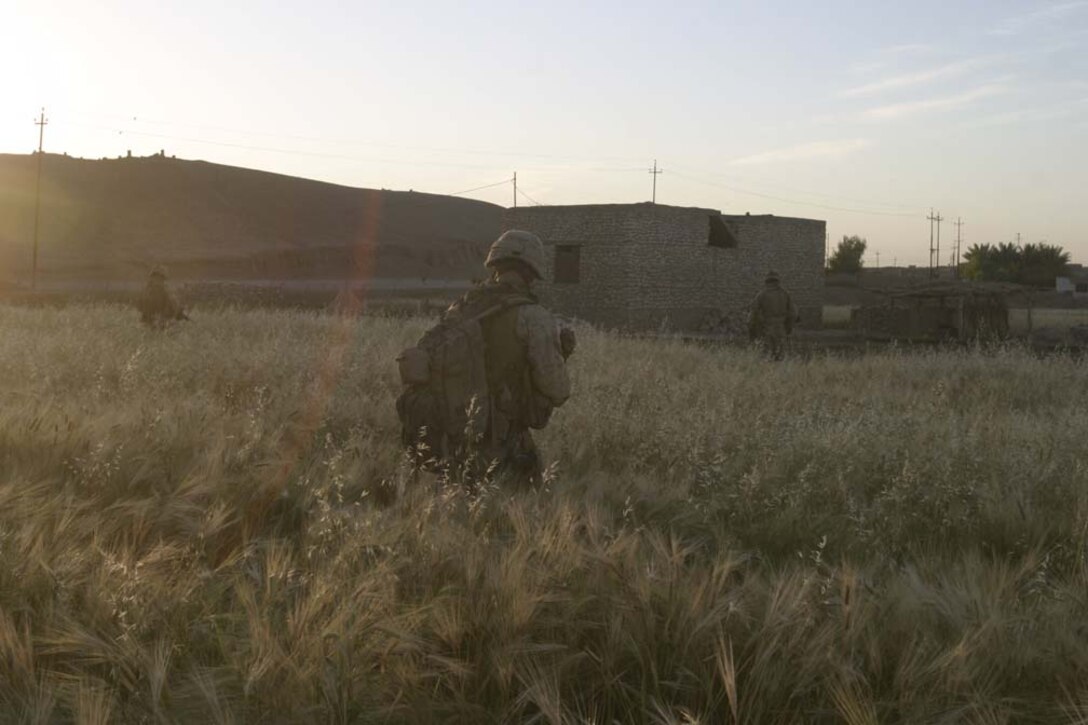 AL UBAYDI, Iraq- HM2 Jenkins, a corpsman with 3d Battalion, 25th Marines, moves through a wheat field, while the Marines he tends to clear a farm house, May 10, 2005 during Operation Matador. Operation Matador is for disrupting the insurgents known to be a staging area for Syrian and other nationality foreign insurgents. 2D Marine Division is conducting security and stabilization operations in support of Operation Iraqi Freedom III. (OFFICIAL USMC PHOTO BY CPL ERIC C ELY, 2D MARINE DIVISION COMBAT CAMERA)-UNRELEASED