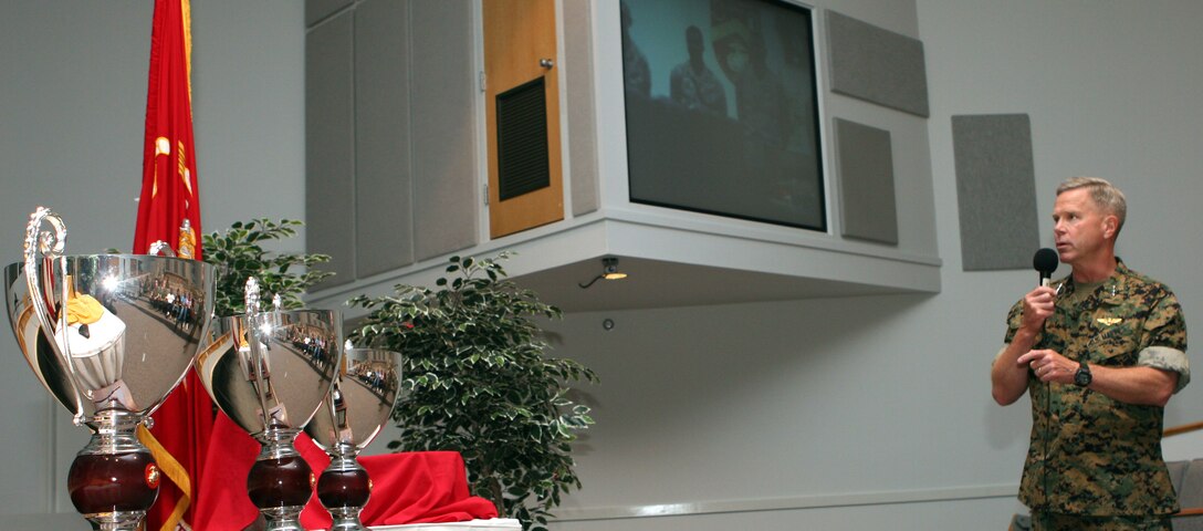 Lt. Gen. James F. Amos, commanding general, II MEF, addresses the Marines of B Co., 2nd Tank Bn., 2nd Marine Division, here May 10 via video teleconference after the company was named winner of the Lt. Gen. Chesty Puller Award for outstanding unit leadership.