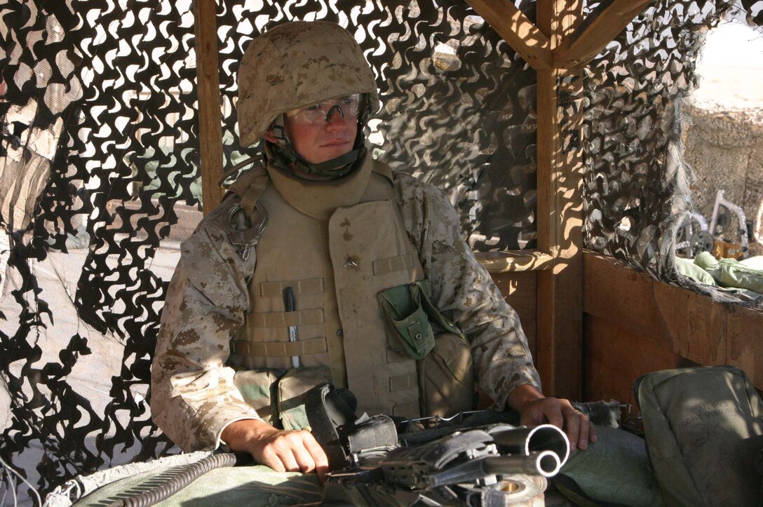 LCpl. Barry K. Miller, fire direction controlman, 4th Squad, 2nd Platoon, Kilo Battery, 3rd Battalion 10th Marines, 2d Light Armored Reconnaissance Battalion, Regimental Combat Team-2, works at Waleed on the border of Iraq and Syria, controlling traffic coming into the country and protecting the border. (Photo by LCpl. Zachary W. Lester)