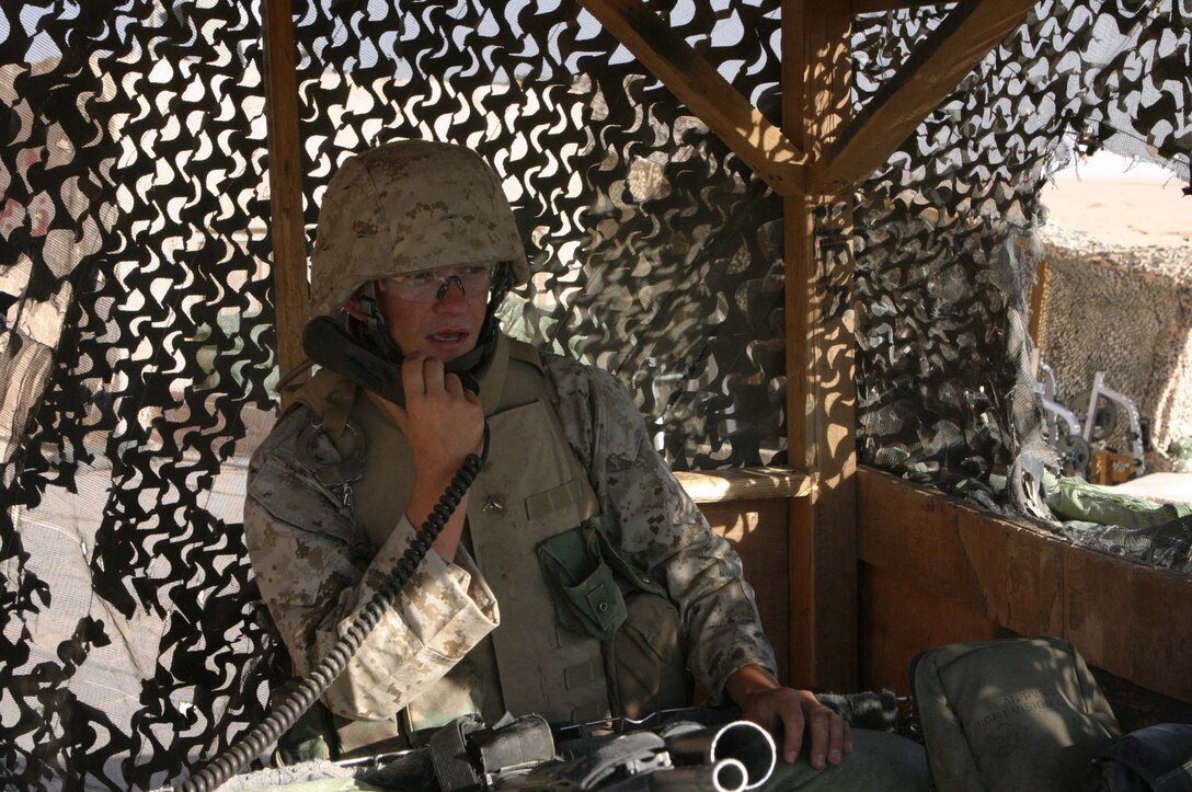 Lance Cpl. Barry K. Miller, fire direction controlman, 4th Squad, 2nd Platoon, Kilo Battery, 3rd Battalion 10th Marines, 2d Light Armored Reconnaissance Battalion, Regimental Combat Team-2, works at Waleed on the border of Iraq and Syria, controlling traffic coming into the country and protecting the border. (Photo by LCpl. Zachary W. Lester)