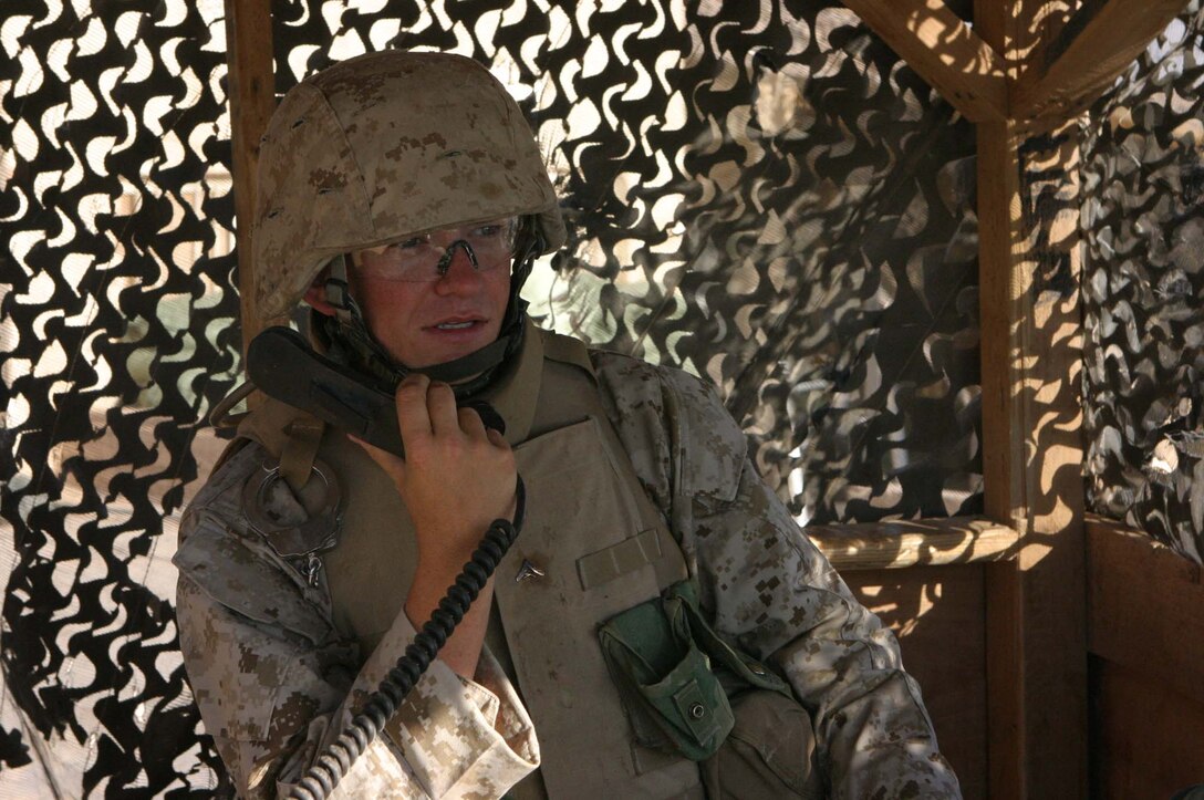 Lance Cpl. Barry K. Miller, fire direction controlman, 4th Squad, 2nd Platoon, Kilo Battery, 3rd Battalion 10th Marines, 2d Light Armored Reconnaissance Battalion, Regimental Combat Team-2, works at Waleed on the border of Iraq and Syria, controlling traffic coming into the country and protecting the border. (Photo by LCpl. Zachary W. Lester)