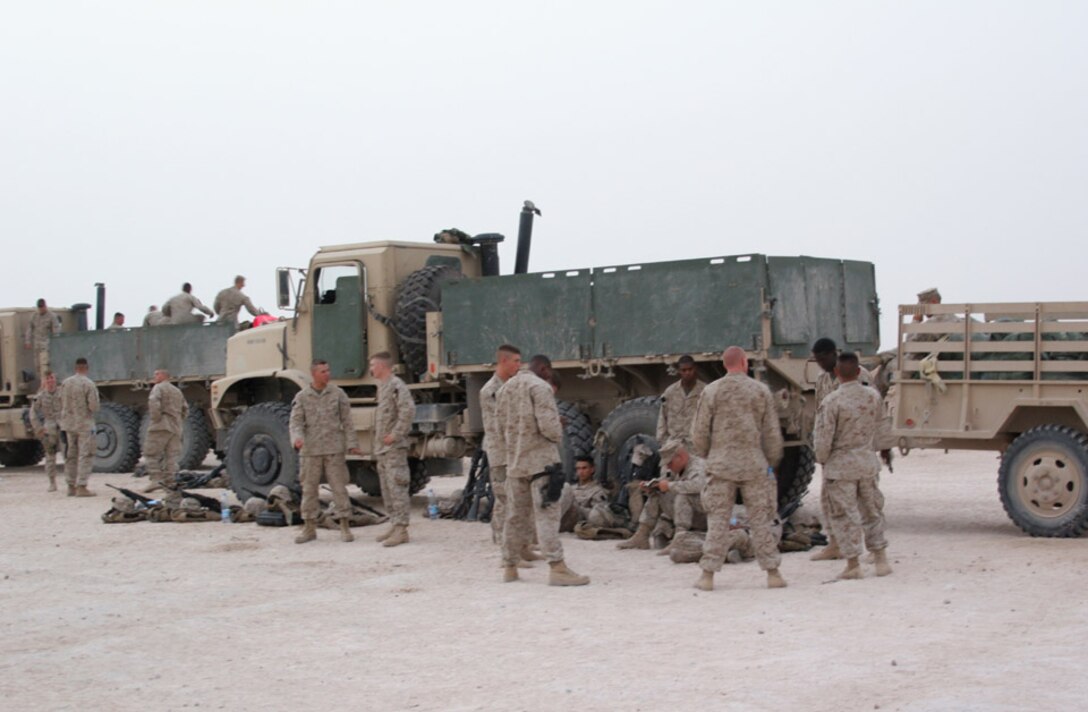 050814-M-2607O-001 CAMP FALLUJAH, Iraq -- The Marines of 2nd Battalion, 2nd Mairine Regiment say goodbye to the Marines of 3rd Battalion, 8th Marine Regiment as the last Marines leave the theater of operation after being in country for many months fighting the Global War on Terrorism.