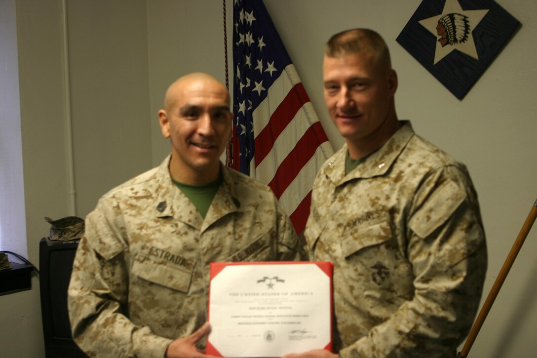 MARINE CORPS BASE CAMP LEJEUNE, N.C. (February 8, 2005) - From keeping track of every last Marine to making sure all those Marines get paid, the administration section at a unit carries a great responsibility.  Add that to the mission of hunting terrorist in the mountains of Afghanistan and you get a man like Gunnery Sgt. Richard A. Estrada, who was attached to 3rd Battalion, 6th Marine Regiment. The Beeville, Texas, native was presented a Bronze Star February 4, by Lt. Col. Julian D. Alford, commanding officer of 3rd Battalion, 6th Marine Regiment.