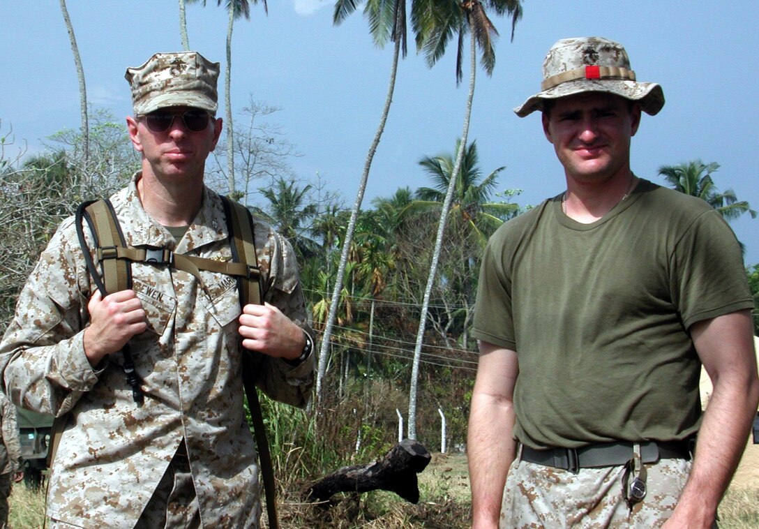 LtCol. Matthew D. McEwen, executive officer of the 15th Marine Expeditionary Unit stands with 1st Lt. Drew Smith, humanitarian assistance operation site commander at the Sri Lankan airfield. The 15th Marine Expeditionary Unit (Special Operations Capable) has been providing desperately needed humanitarian aid to cities and villages along the coast of Sri Lanka's southern coastline.