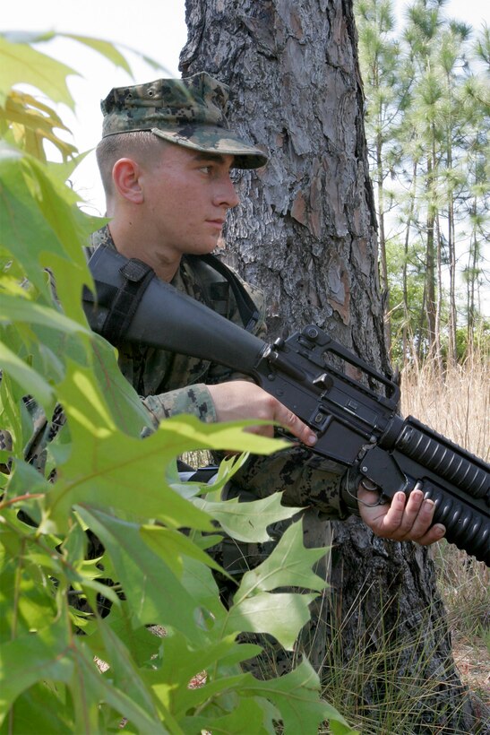 MARINE CORPS BASE CAMP LEJEUNE, N.C. - Lance Cpl. Adam H. Blades, 20, is a platoon sergeant with Alpha Company, 1st Battalion, 2nd Marine Regiment.  There are very few places where someone so young can be responsible for the lives of more than 30 Marines.  Blades' skill and experience make him an ideal candidate for the position.  His unit recently conducted a helicopter-raid exercise in preparation for a deployment with the 22nd Marine Expeditionary Unit later this year.