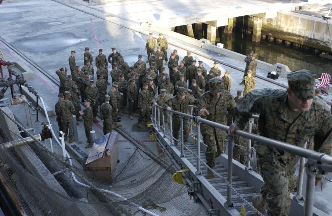 Marines from 13 different commands board the SS Curtiss on March 2 for a month long deployment. The ship will be traveling through the Panama Canal on its way to Sunny Point, N.C., where it will pick up aviation logistics equipment from the 2nd Marine Aircraft Wing. The SS Curtiss is scheduled to return to San Diego in early April.