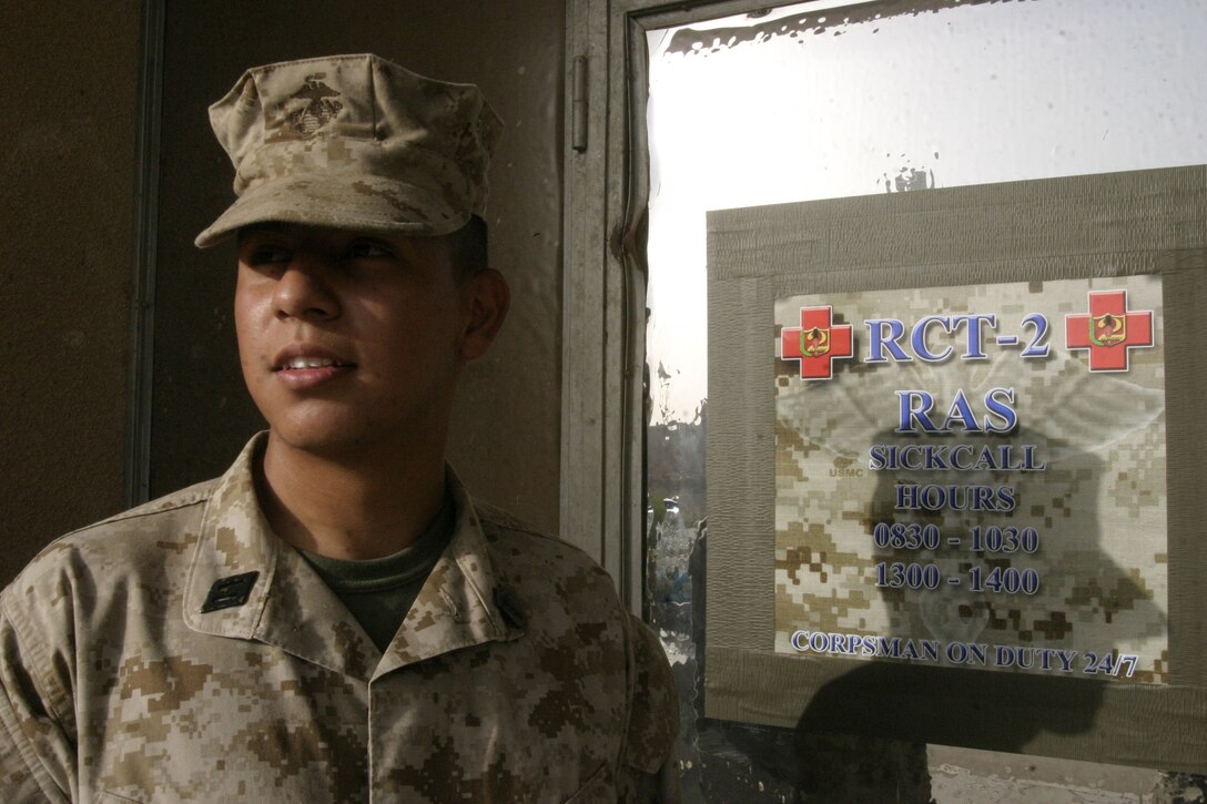 CAMP RIPPER, AL ASAD, Iraq (August 12, 2005)- Seaman Hipolito V. Avitia, 21, a corpsman with Regimental Combat Team-2 from Albuquerque is on his second deployment in Iraq and has noticed a change in the way the insurgents fight Coalition Forces, by using improvised explosive devices and mines. The 2000 Rio Grande High School graduate has six months left on this deployment. (Official U.S. Marine Corps photo by Lance Cpl. Lucian Friel (RELEASED)