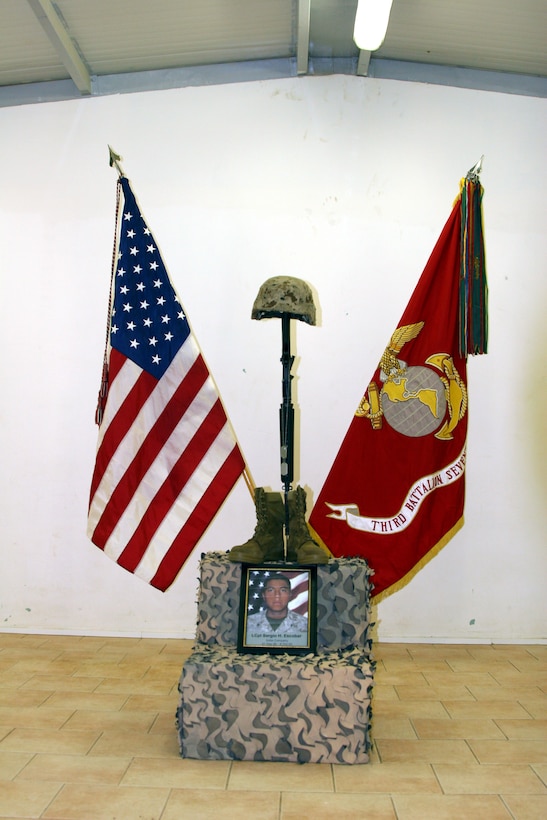 The memorial for Lance Cpl. Sergio Escobar, who died Oct. 8 while on Patrol through Ar Ramadi, Iraq. He was an infantryman assigned to Company I, 3rd Battalion, 7th Marine Regiment. Photo by Cpl. Shane Suzuki