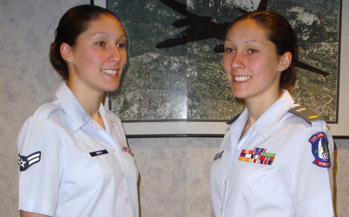 LANGLEY AIR FORCE BASE, Va. -- Airman 1st Class Jillian Smith wears two uniforms. As an active-duty Airman (left), she is a communications journeyman assigned to the 27th Intelligence Support Squadron.  In her off-duty time, she volunteers as a second lieutenant (right) with the Civil Air Patrol.  (U.S. Air Force photo illustration by Tech. Sgt. Marina Pevey)