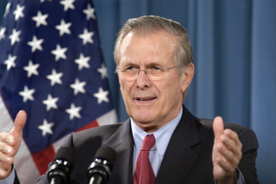Secretary of Defense Donald H. Rumsfeld responds to a reporter's question on the cooperative effort to provide assistance to victims of the devastating tsunami during a joint press conference with Russian Defense Minister Sergey Ivanov on Jan. 11, 2005. Ivanov commented on aid being provided by the Russian military. Rumsfeld and Ivanov met at the Pentagon to discuss a broad range of bilateral defense issues. 
