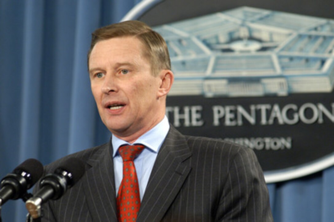 Russian Defense Minister Sergey Borisovich Ivanov responds to a question during a joint media availability with Secretary of Defense Donald H. Rumsfeld in the Pentagon on Jan. 11, 2005. Ivanov met with Rumsfeld earlier to discuss a broad range of bilateral security issues. 