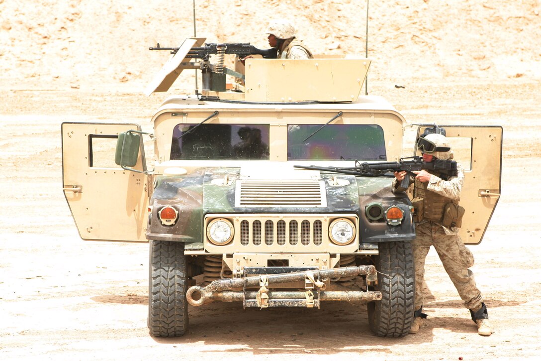 CAMP RAMADI, AR RAMADI, Iraq - Marines with Truck Company, Headquarters Battalion, 2nd Marine Division, hit targets from their humvee during a live fire and maneuver exercise, May 12, designed specifically to combat the insurgency.  U.S. Marine Corps photo by Sgt. Stephen D'Alessio (RELEASED)