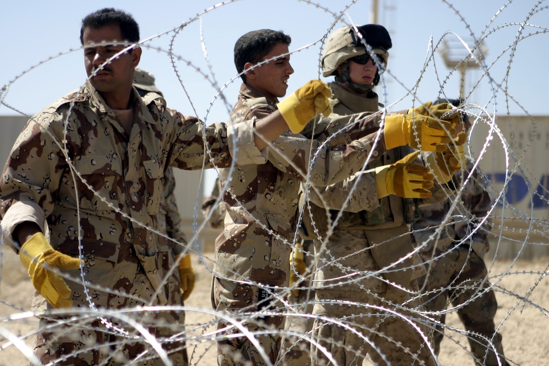 FALLUJAH, Iraq - Iraqi soldiers and Marine combat engineers with 2nd Platoon, Company A, 2nd Combat Engineer Battalion construct a concertina wire fence here June 13.  The Marines instructed the soldiers on how to string various types of wires, board up windows and fortify defensive positions.