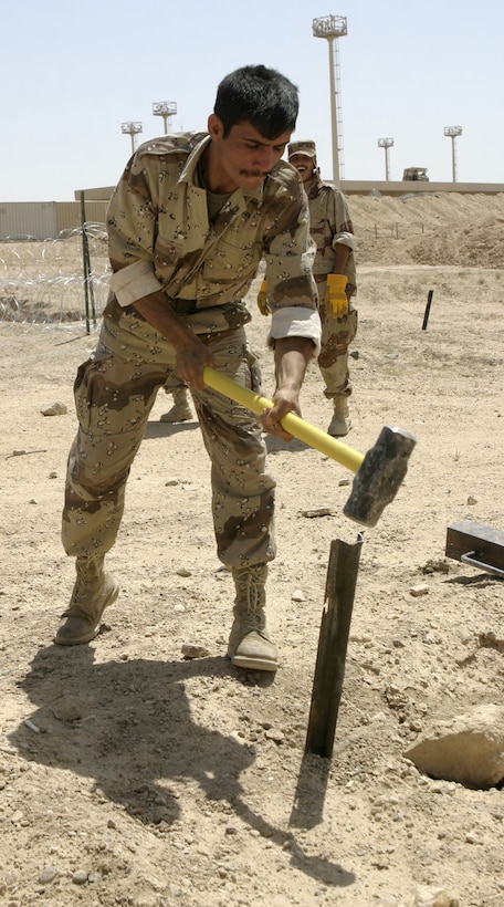 FALLUJAH, Iraq - An Iraqi soldier hammers an engineer stake into the ground here June 13 and prepares to set up a concertina wire fence.  Marines with 2nd Platoon, Company A, 2nd Combat Engineer Battalion instructed the soldiers on how to string various types of wires, board up windows and fortify defensive positions.