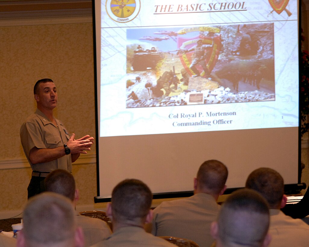 LAS VEGAS ? Col. Royal Mortenson, commanding officer of The Basic School, Quantico, Va., gives Marine officer selection officers a class about what is expected of officer candidates attending The Basic School. The Basic School is a follow-on course for Marine officers who graduate from Officer Candidate School. The course teaches Marine officers basic infantry skills. More than 100 Marines gathered for the fiscal year 2006 Officer Selection Officer Conference, held Dec. 12 ?15, in Las Vegas.