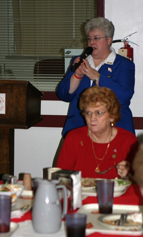 050314-M-2607O-001 MARINE CORPS BASE CAMP LEJEUNE, N.C. (March 14, 2005) - JoAnne Ott, the national president of the Ladies Auxiliary to the Veterans of Foreign Wars, thanks the Marines of 2nd Battalion, 10th Marine Regiment for their hospitality and for the job they do every day protecting this country during her visit to Camp Lejeune.  Ott is on a three week trip visiting numerous states as part of her duty to visit all 50 states during her one year term.