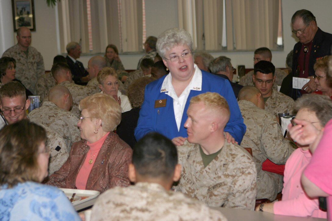 050314-M-2607O-001 MARINE CORPS BASE CAMP LEJEUNE, N.C. (March 14, 2005) – JoAnne Ott, the national president of the Ladies Auxiliary to the Veterans of Foreign Wars, thanks the Marines of 2nd Battalion, 10th Marine Regiment for their hospitality and for the job they do every day protecting this country during her visit to Camp Lejeune.  Ott is on a three week trip visiting numerous states as part of her duty to visit all 50 states during her one year term.