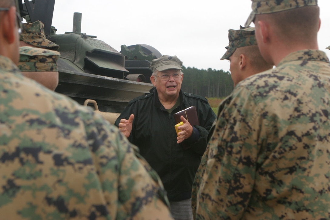 MARINE CORPS BASE CAMP LEJEUNE, N.C.(Oct. 14, 2005)- A Marine with 2nd Tank Battalion and a former Marine with the Marine Corps Tank Association talk about times they had while they were deployed after the Tankers of the Year Award ceremony at the SR-10 range here. (Official U.S. Marine Corps photo by Lance Cpl. Lucian Friel (RELEASED)