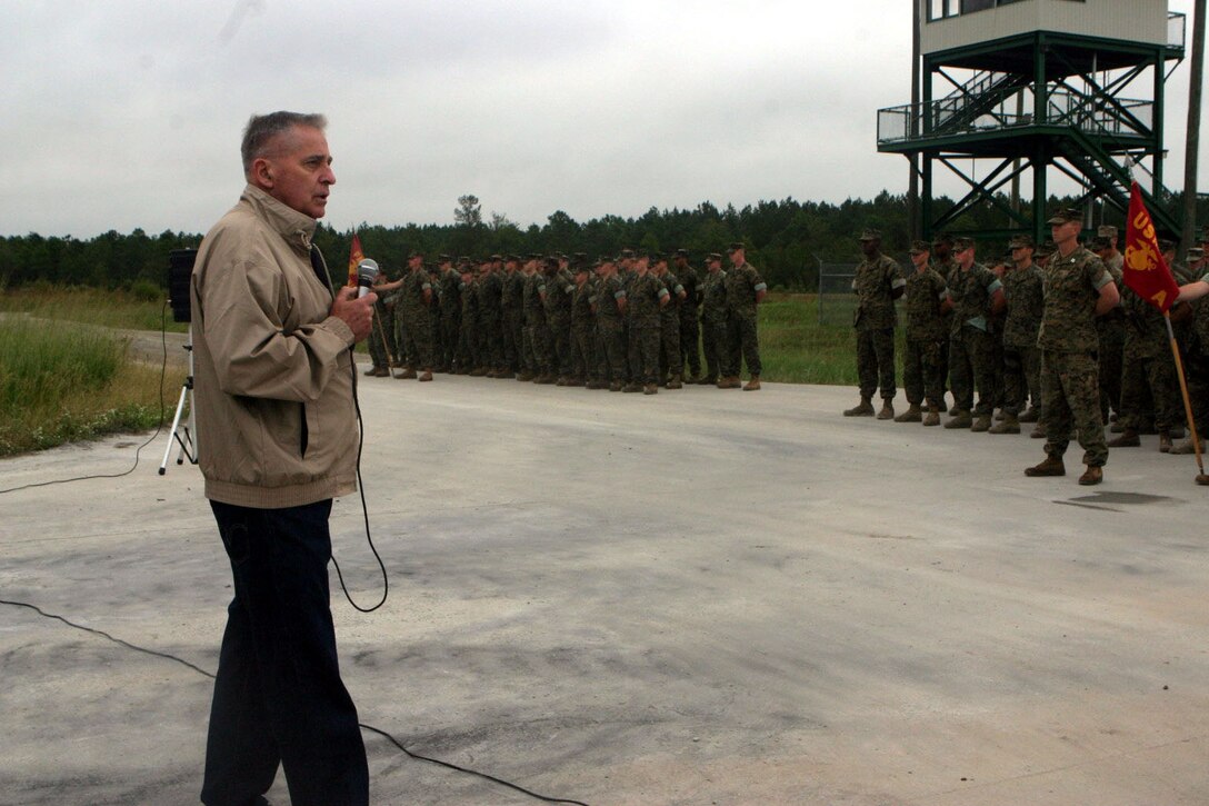 MARINE CORPS BASE CAMP LEJEUNE, N.C.(Oct. 14, 2005)- Retired Col. C.R. "Casey" Casey, a former 2nd Tank Battalion commanding officer, speaks to Marines during the Tankers of the Year Award ceremony at the SR-10 range here. (Official U.S. Marine Corps photo by Lance Cpl. Lucian Friel (RELEASED)