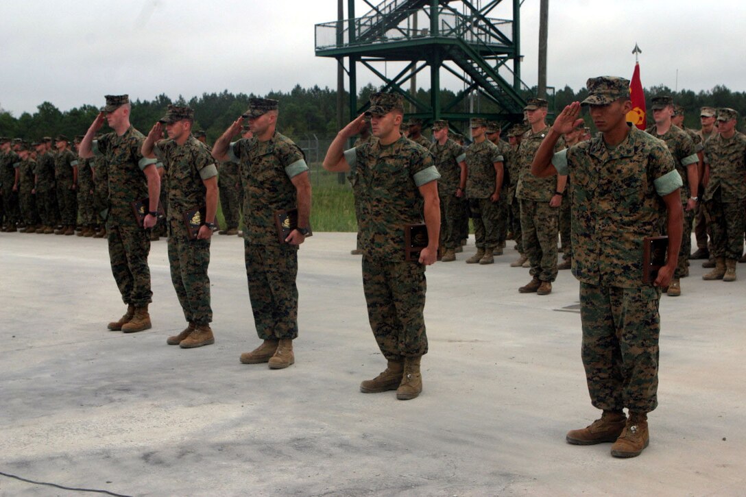 MARINE CORPS BASE CAMP LEJEUNE, N.C.(Oct. 14, 2005)- Five Marines with 2nd Tank Battalion salute their commanding officer after receiving the Tanker of the Year awards from Retired Col. C.R. "Casey" Casey, a former 2nd Tank Battalion commanding officer during the Tankers of the Year Award ceremony at the SR-10 range here. (Official U.S. Marine Corps photo by Lance Cpl. Lucian Friel (RELEASED)